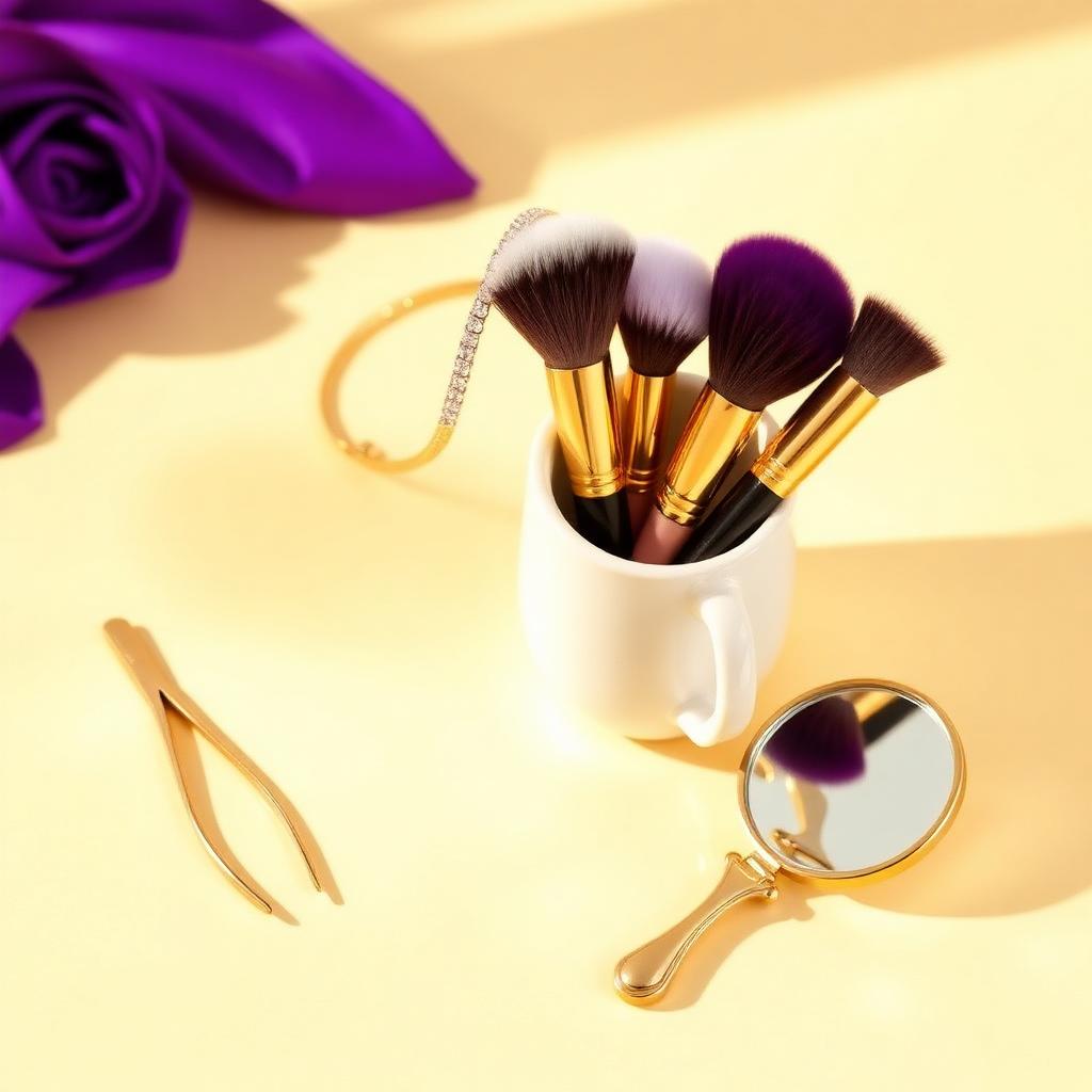 Gold beauty accessories, makeup brushes, and a hand mirror