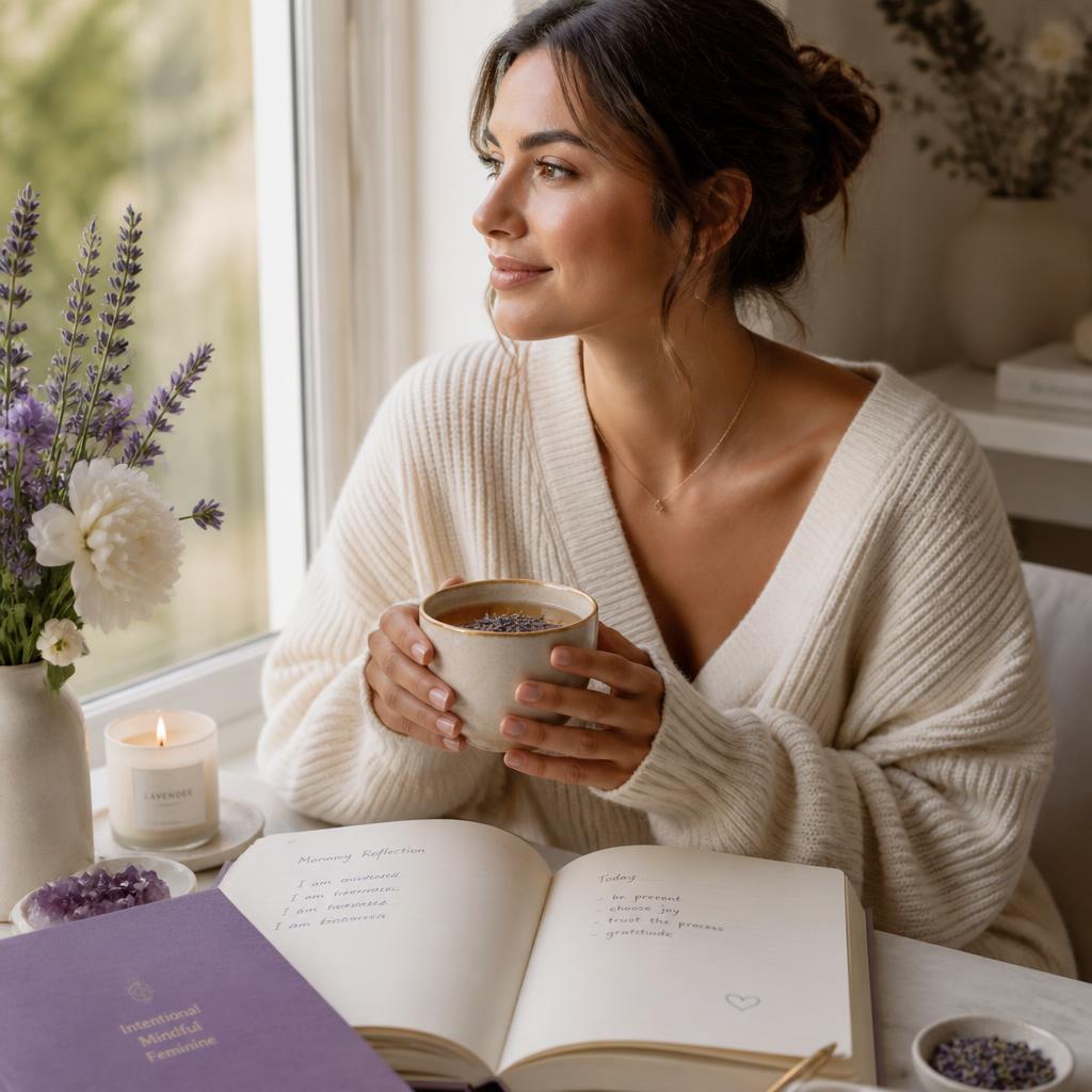 Woman enjoying a quiet morning with tea and a journal by a window