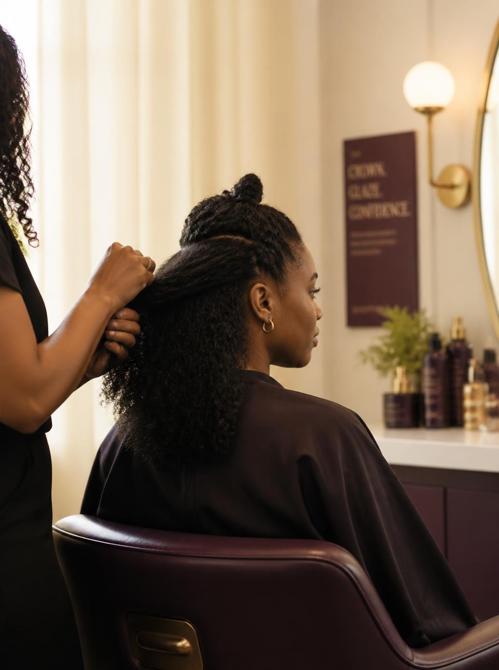 Woman having her healthy textured hair styled in a premium salon chair